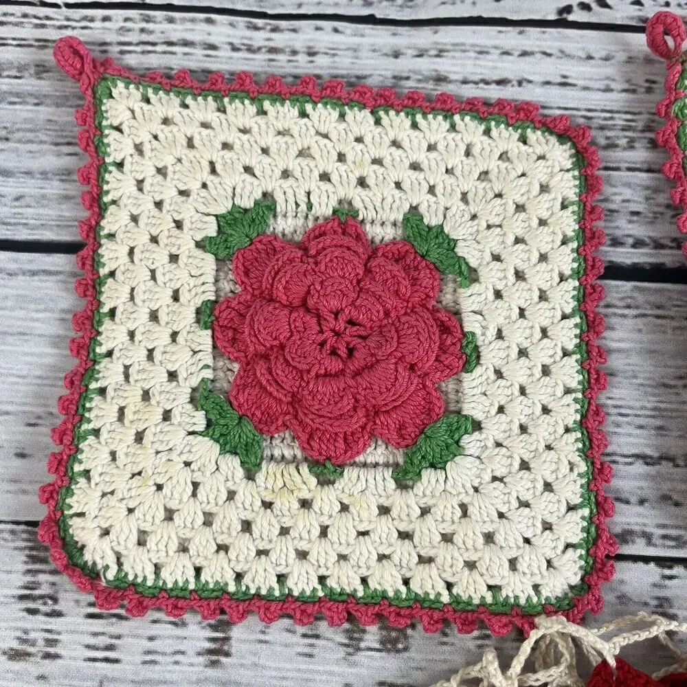 Vintage Lot of 3 Crochet Granny Squares Blanket Afgan Squares Pink & Red Flowers